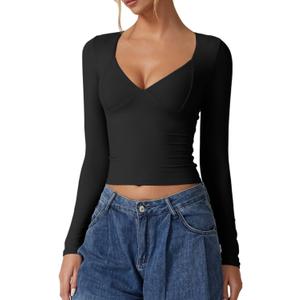 QINSEN Women's Long Sleeve V Neck T Shirts Double Lined Crop Top Seamed Cup Going Out Tops (Medium, Black)