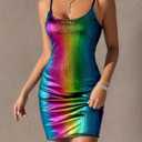 Women's Glitter Sequin Dress Adjustable Spaghetti Strap Fashion Sparkle Party Dresses (S)