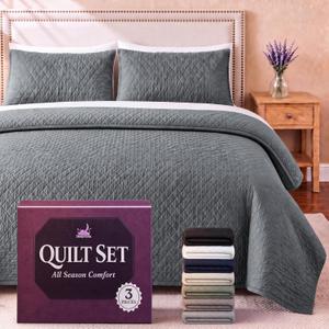 Queen Quilt Bedding Set - Cloud Soft All-Season Bedspread 3 PC w/Shams, Bed Quilt Queen Size Coverlet - Oversized, Light Weight, Ultra Durable, Easy Care - 90 x 96 in (Light Grey)