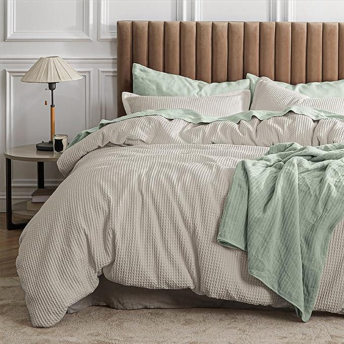 Bedsure Waffle Comforter Set Queen, Linen Soft Bedding, Waffle Weave Bed Set, 3 Pieces, 1 Comforter (90"x90") and 2 Pillow Shams, Cotton Shell and Polyester Lining for All Seasons