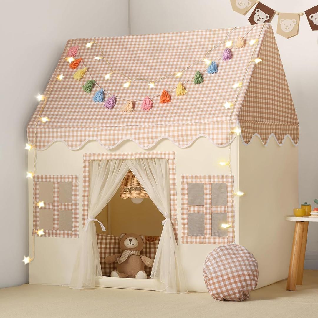 Kids Play Tent Indoor: with Brown Checkered, Mat, Rainbow Tissue Garland, Star Lights - Girl Tent Indoor Playhouse for Girls Kids Toys for Boy Girl Birthday for Kids Gift