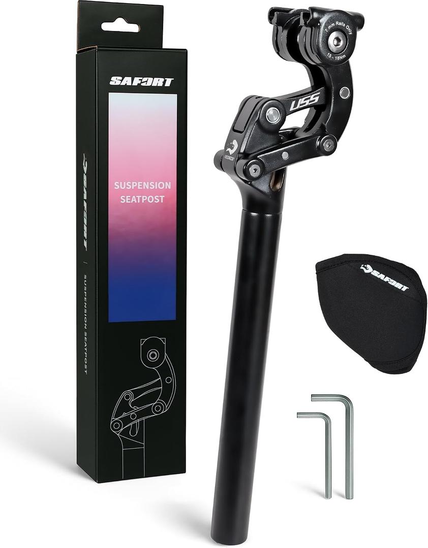 Safort Suspension Seatpost with Protection Cover & 5mm/6mm Hex Keys, 50mm Travel, Available in 27.2mm, 30.9mm, 31.6mm for E-Bikes, Road, Gravel & Hybrid Bikes