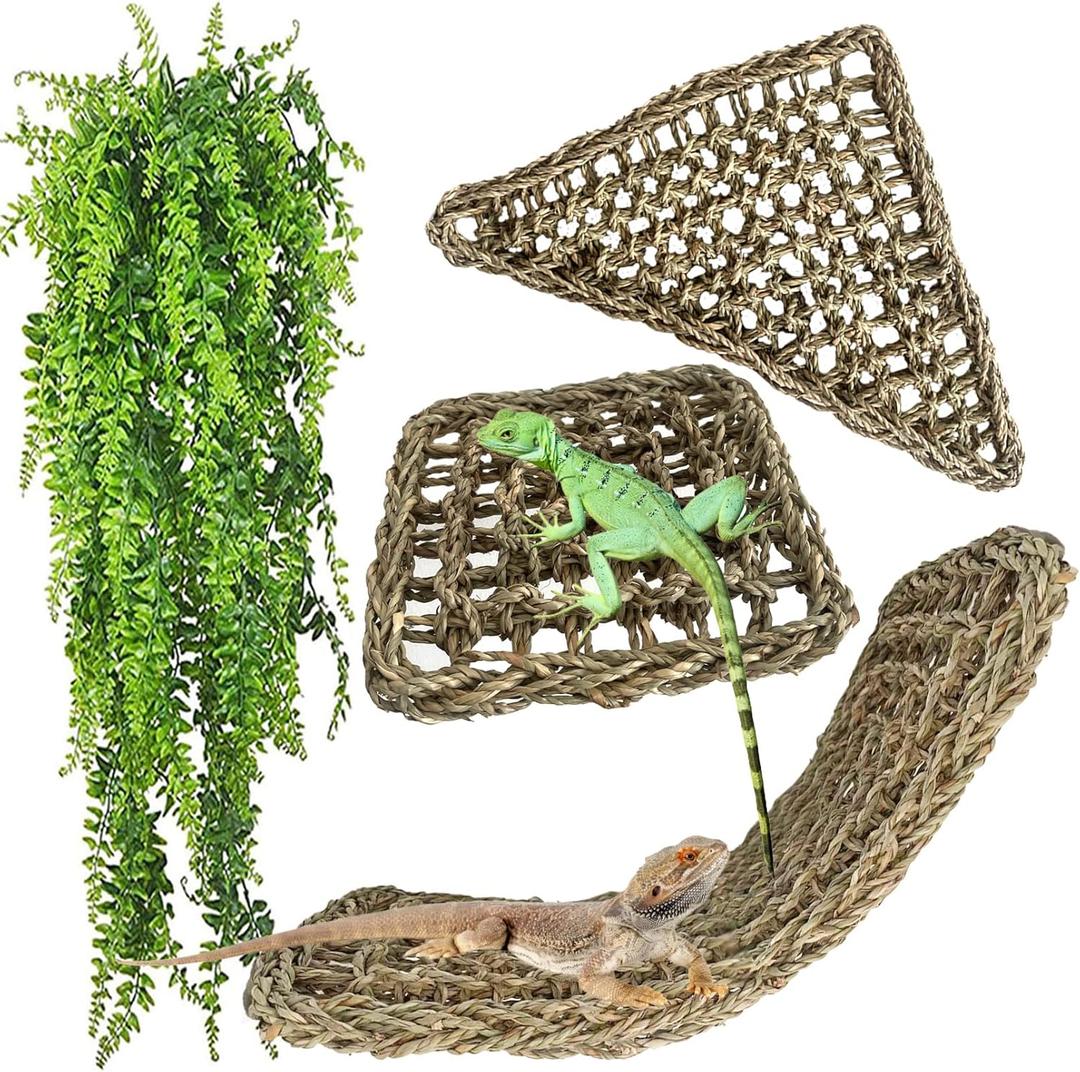 Reptile Hammock,Large Lizard Lounger,Bearded Dragon Tank Accessories Natural Seagrass Hammocks Hanging Flexible Climbing Vines Decoration for Gecko Snakes Chameleon (4 PCS)
