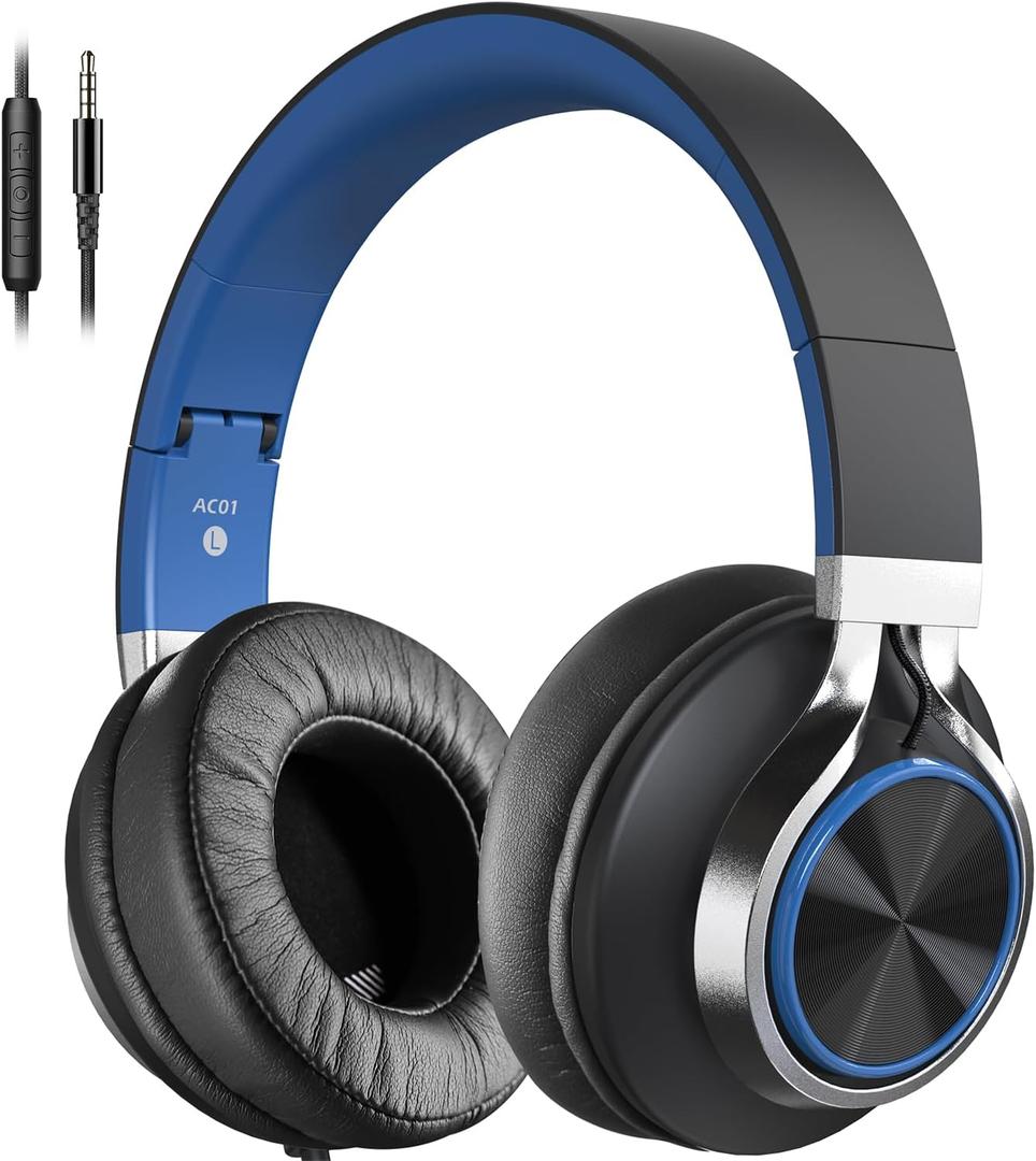 AC01 Over-Ear Headphones Wired, Noise Isolating Corded Stereo Headsets with Microphone Volume Control for Adults Teens 3.5mm for Chromebooks, Laptop, Computer, Tablets, Travel (Black Blue) 