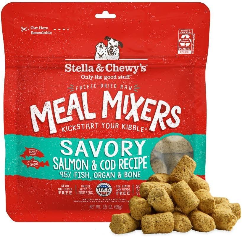 Stella & Chewy's Freeze-Dried Raw Salmon & Cod Meal Mixers- Dog Food Topper and Mixer - Made with 95% Wild-Caught Salmon & Cod, Organs & Bone - Perfect for Picky Eaters - Grain-Free - 3.5 oz (EXP 10/14/27)