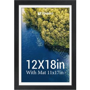 12x18 Poster Frame - Black Solid Wood Picture Frames - Tempered Glass - Displays Photos 11x17 with Mat or 12 x 18 without - Room, Office, Gallery, Studio, and Hallway Decor - Wall Hanging