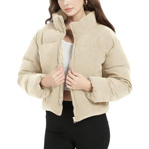Flygo Womens Cropped Corduroy Puffer Jacket Winter Jackets Warm Long Sleeve Zip Quilted Down Puffer Coat (X-Large, Beige)
