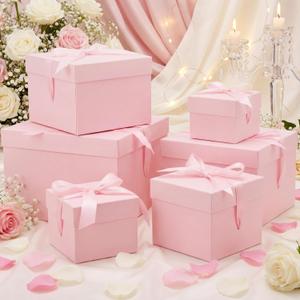 Cholemy 6 Pcs Nesting Gift Boxes with Lid Square Nesting Gift Boxes for Presents Packaging with Ribbon Easter Anniversaries Bridal Shower Birthday Wedding Party Favor(Pink)