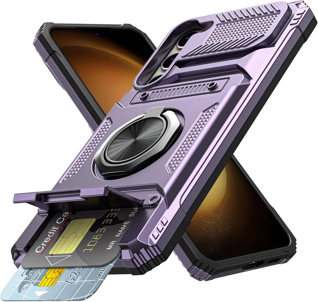 Vofolen for Samsung Galaxy S23 Plus Case with Card Holder [Store 2 Cards] + 360 Rotated Ring Kickstand Dual Layer Heavy Duty Shockproof Wallet Cover for Galaxy S23+ Case for Woman Man, Purple