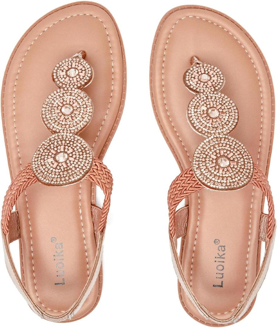 Luoika Women's Wide Width Flat Sandals, Flip Flop Thong Sandals Strappy Rhinestone Comfortable Summer Beach Shoes for Women. (8.5 X-Wide, Tan 813)