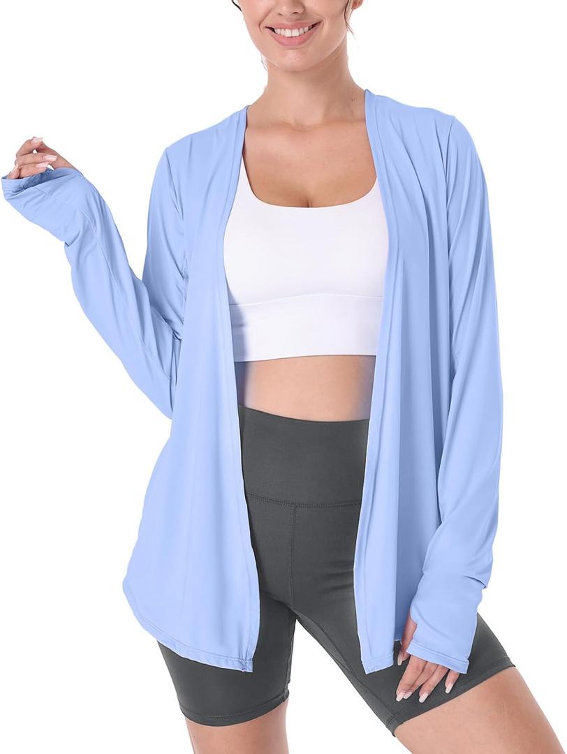Womens Thin Summer Cardigan Long Sleeve Open Front Upf50 Uv Spf Sun Protection Lightweight Cover Up Thumb Holes with Pockets (Large)