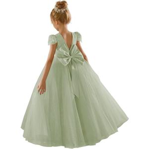 JISISANG Flower Girls Lace Cap Sleeve Dress for Wedding Puffy Tulle Back V-Neck Pageant Prom Ball Gown with Bow (6, Sage Green)