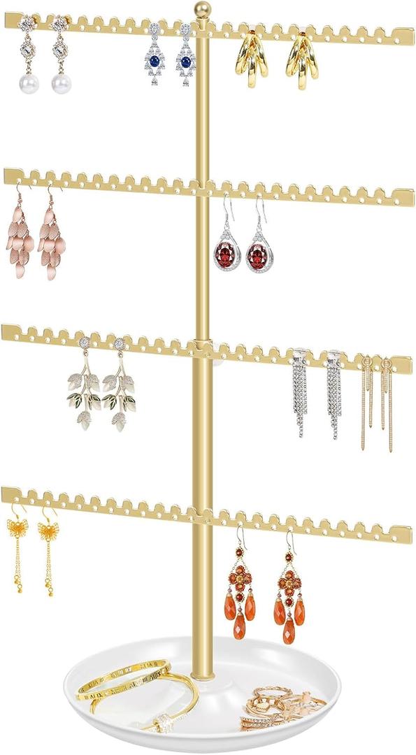 4-Tier Earring Holder Organizer Stand，Stud Earring Organizers and Storage with Ring Tray, Adjustable Earring Rack Jewelry Display Tree, 96 Holes and 88 Grooves for Earrings for Women Girls