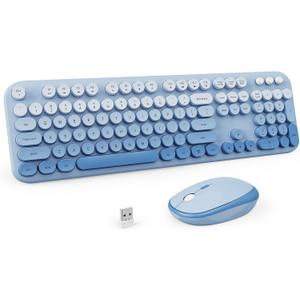 Wireless Keyboard and Mouse Combo, 2.4GHZ Typewriter Retro Full Size Keyboards, Cute Colorful Computer Keyboard and Wireless Mouse for Laptop/Desktop/Windows/PC (Blue Gradient)