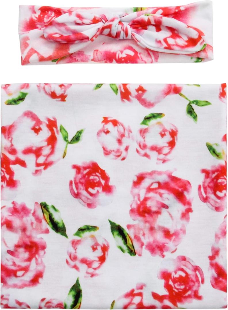 FasterS Infant Floral Swaddle Wrap with Headbands Hats Value Set Newborn Receiving Blanket Photography Props 35X35inch Pink