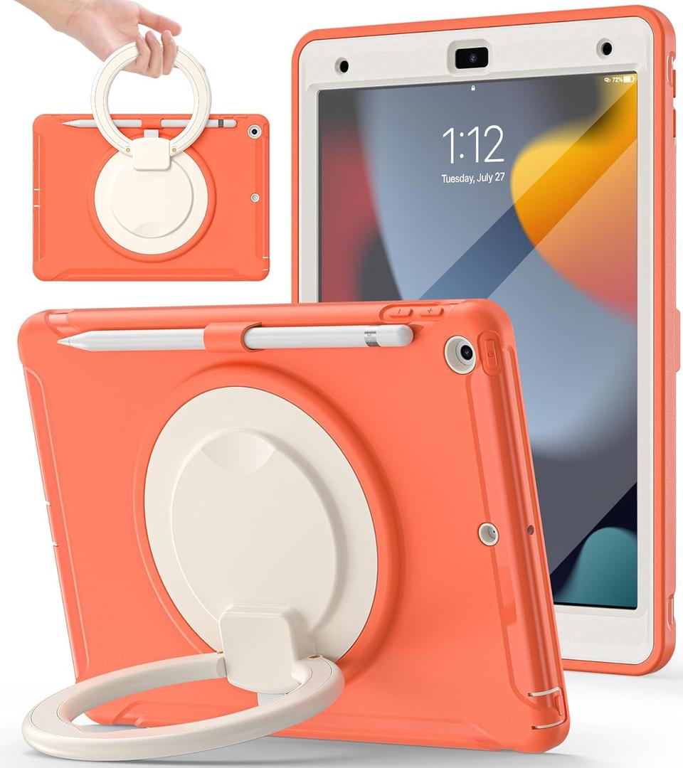 BATYUE Shockproof Case for iPad 7th/8th/9th Gen 2019/2020/2021 | 360 Multi-Angle Stand (Portrait & Landscape) & Grip, Built-in Screen Protector, Pencil Holder, Coral Orange