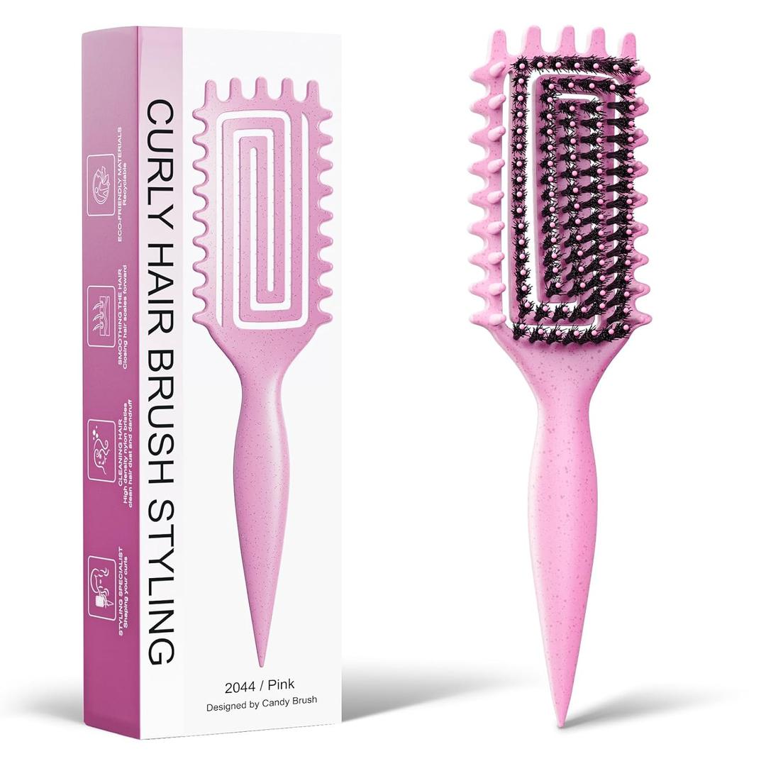 Curly Hair Brush, Curl Defining Brush with Soft Boar Bristles Detangling Tangled Glides, Wide-Teeth Design Effortlessly Shaping & Defining Curls, Curling Definer for Wet & Dry Hair (Pink)