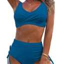 Fanuerg Women's Twist Front High Waisted Bikini Swimsuit Drawstring Tie Side Bottom Two Piece Bathing Suit Blue, Small