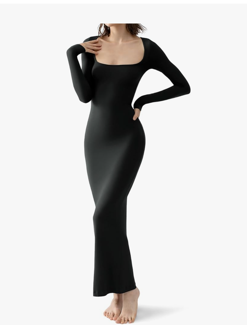 PUMIEY Women's Square Neck Long Sleeve Maxi Dress Ribbed Bodycon Dresses for Women Soft Lounge Dress, M
