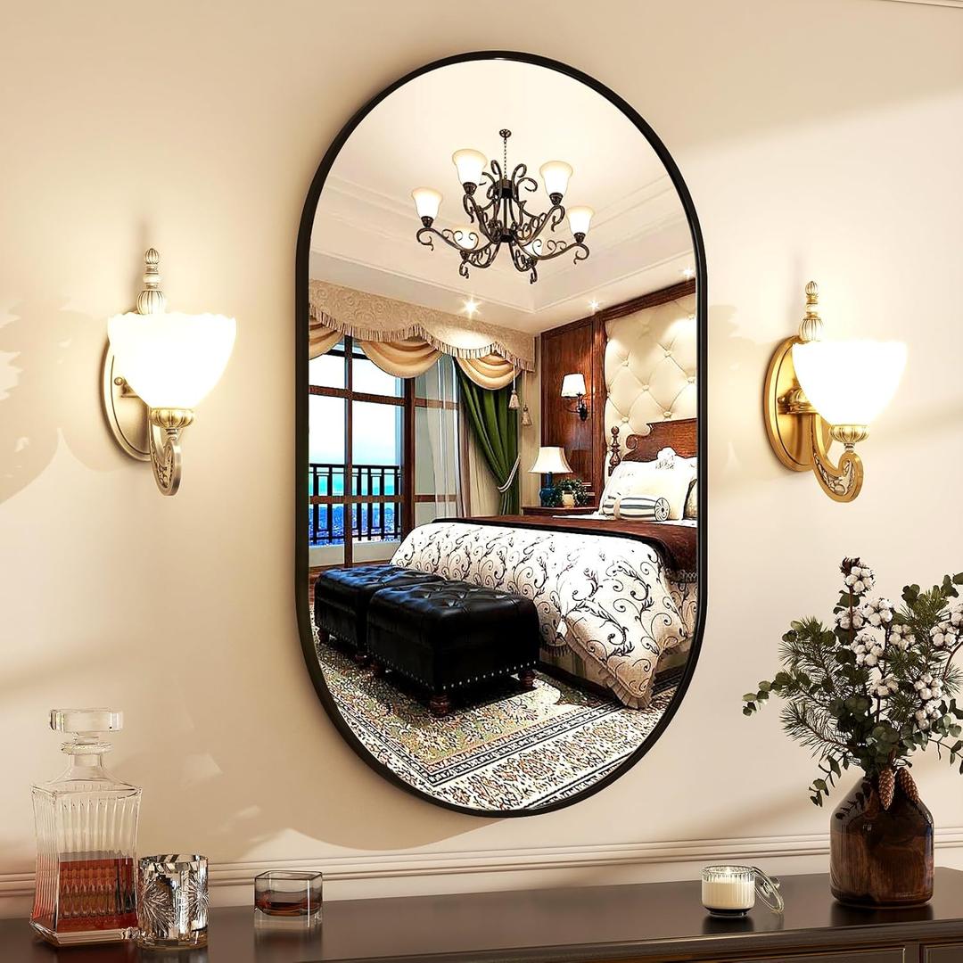 HARRITPURE 17" x 30"Oval Bathroom Mirror Wall Mounted Chic Brushed Metal Frame Hang Vertically & Horizontally Perfect Modern Decor for Bedroom Bathroom Entryway Living Room Gallery Wall,Black