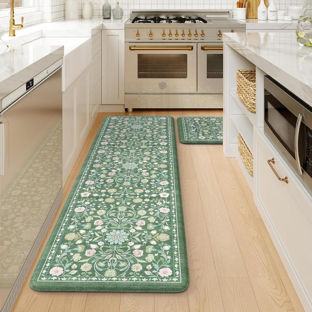 KIMODE Comfort Kitchen Floor Mats Cushioned Anti Fatigue,Farmhouse Spring Floral Kitchen Runner Rug Sets of 2 Non Slip,Long Memory Foam Standing Carpet for Laundry Sink Home,Green (17.3" x 59 "+ 17.3" x 29 "--0.47 inches)