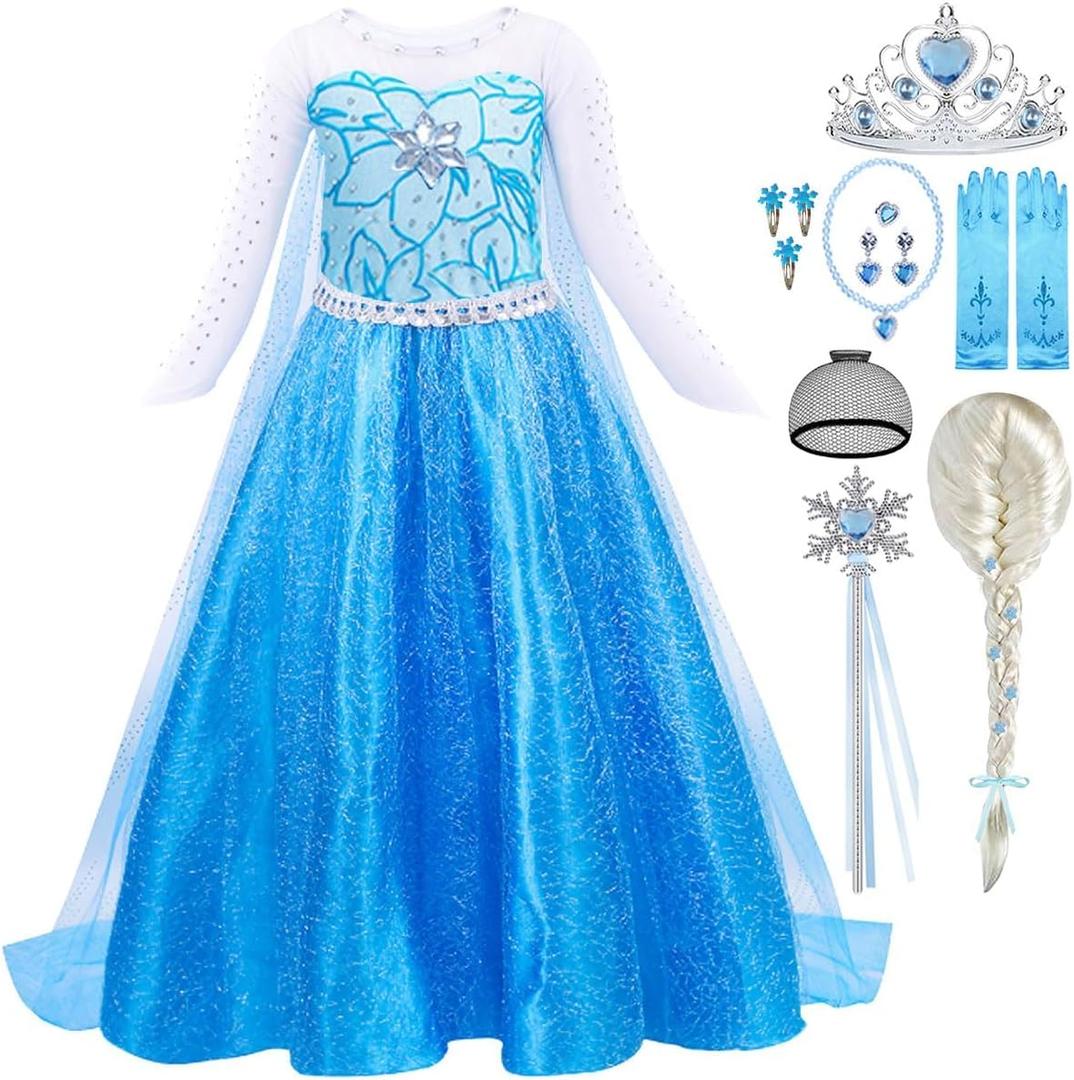 Elsa Costume for Toddler Girls Snow Princess Dress Blue Halloween Cosplay Dress Up Outfits with Wig (4-5 Years)