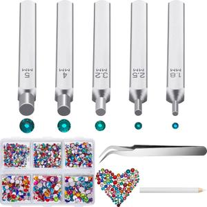 Chumia 13 Pieces Jewelry Metal Stamping Tools Crystals Setter Kit, 5 Metal Stamping Punches with Tweezer Picking Pen Storage Box 2500 Pieces Colored Rhinestones Crystals for DIY Crafts Jewelry