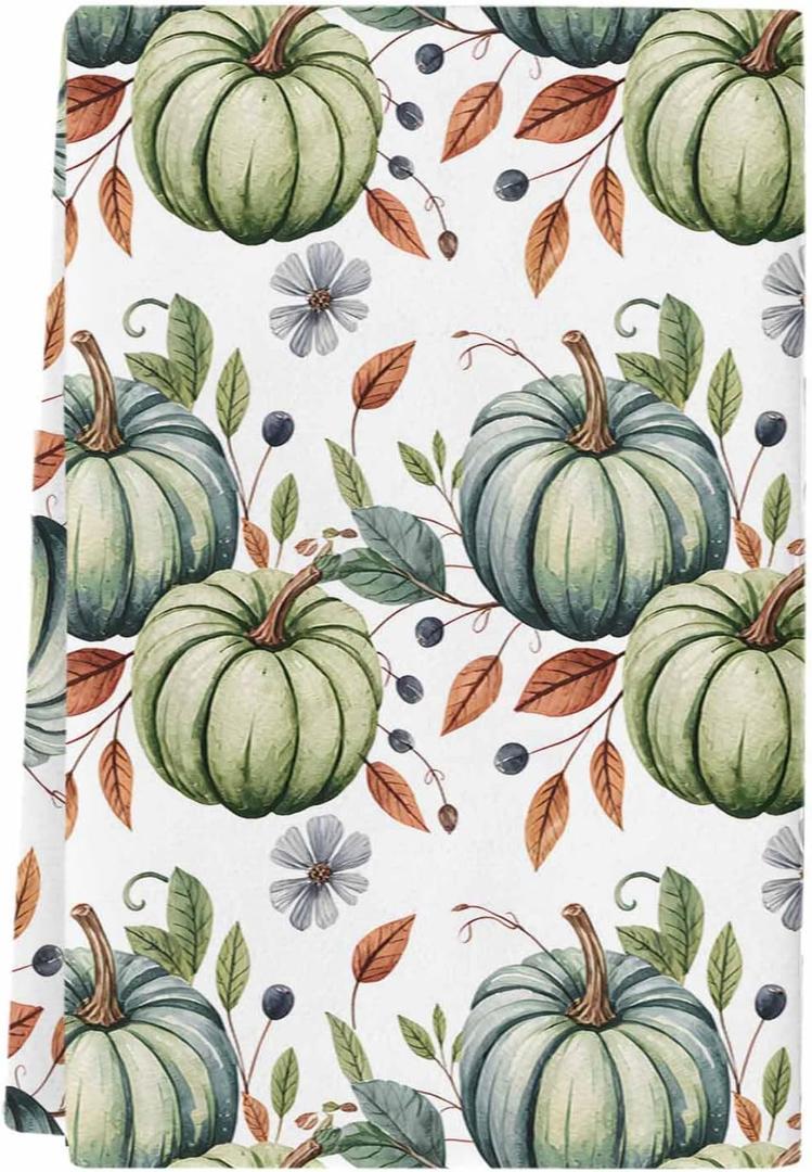 Fall Kitchen Towels Set of 2 Thanksgiving Teal Green Pumpkin Dish Towels and Dishcloths Sets Decorative Tea Towel Autumn Flower Leaves Absorbent Hand Towels for Kitchen Bathroom Drying Cleaning Decor 