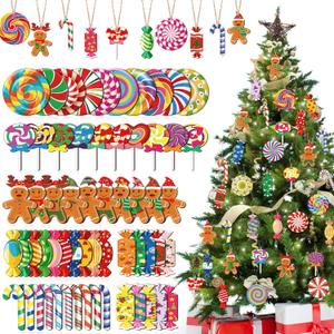 Namalu 60 Pieces Christmas Peppermint Candy Hanging Ornaments Wood Christmas Tree Lollipop Gingerbread Candy Ornaments Set Colorful Cane Decorations with Rope for Xmas(Classic)