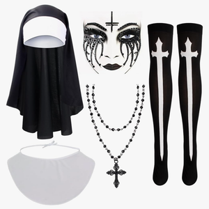Kyson Nun Costume Accessories with 5Pcs Catholic Nun Habit Hat,Nun Collar,Cross Pendent Necklace,Long Stocking,Face Sticker