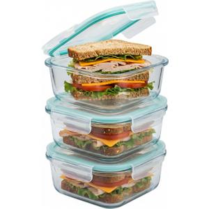 3 Pack Glass Sandwich Containers with Lids, 27 oz Reusable Glass Food Storage Containers, Airtight Lid with Vent, No Leak, Microwave and Freezer-Safe, Perfect for Work, Meal Prep and Everyday Storage