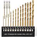 COMOWARE Titanium Twist Drill Bit Set - 16 Pcs Hex Shank High Speed Steel for Wood Plastic Aluminum Alloy, Quick Change, 1/16"-1/4"