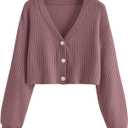 SweatyRocks Women's Long Sleeve Button Front V Neck Soft Knit Cardigan Sweaters (Redwood) XS