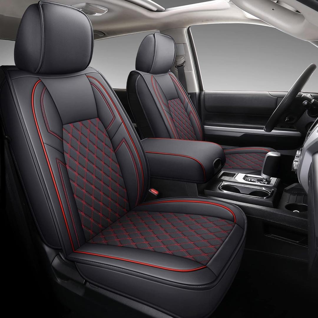 Coverado Toyota Tundra Seat Covers, Leather Seat Covers Compatible with 2007-2021 Toyota Tundra Crew/Crewmax/Extended/Double Cab Automotive Seat Covers for Car Trucks (Front, Red) 