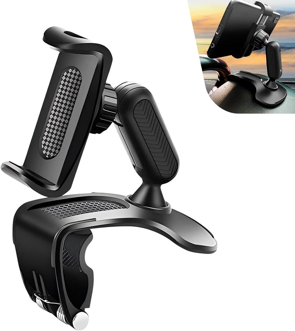 Car Phone Holder, 360 Degree Rotation Clip-on Dashboard Phone Holder, Multifunctional Mobile Phone Mount for Sun Visor & Rearview Mirror, Universal for 4-7 Inches Smartphones (Black)