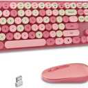LIZRROT Wireless Keyboard and Mouse Combo, Round Keycaps, Retro Typewriter Keyboard Silent, Auto Sleep, 2.4G Wireless Connection for PC/Windows/Mac (Pink)