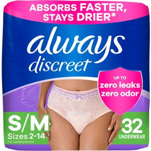 Always Discreet Adult Diapers for Women, Incontinence Underwear, Postpartum Essentials, Disposable Briefs, Max Absorbency, Bladder Leak Protection, Small/Medium, 32ct