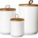 JOJUNO White Ceramic Canister Set with Wooden Lid, 3-Piece Airtight Food Storage Jars for Kitchen Counter - Flour, Sugar, Coffee, Tea, Spice - Small, Medium, Large Sizes