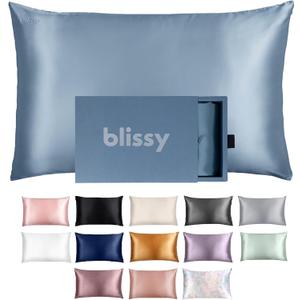 Blissy Silk Pillowcase - 100% Pure Mulberry Silk - 22 Momme 6A High-Grade Fibers - Silk Pillow Cover for Hair & Skin - Regular, Queen & King with Hidden Zipper (Queen, Ash Blue)