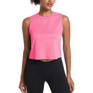 MAGCOMSEN Women's Workout Cropped Tops UPF 50+ Athletic Running Tank Tops Sleeveless Gym Sports Muscle Shirts (Pink, L)