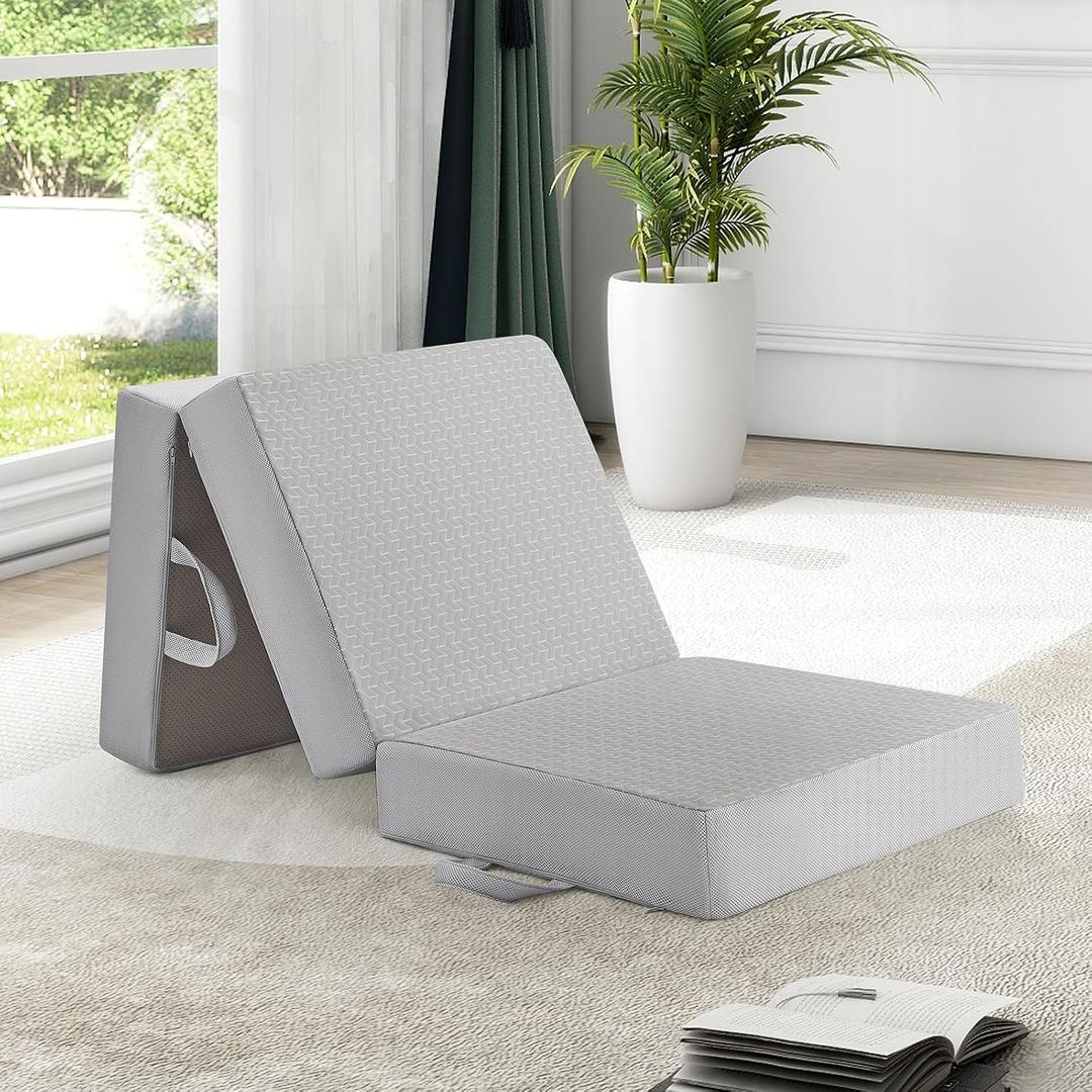CYMULA Folding Mattress Single Size,6 inch Memory Foam Tri-Fold Single Floor Mattress Topper with Breathable & Washable Cover,Thick Foldable Mat for Camping,Naps and GuestsGrey(25"75"6")