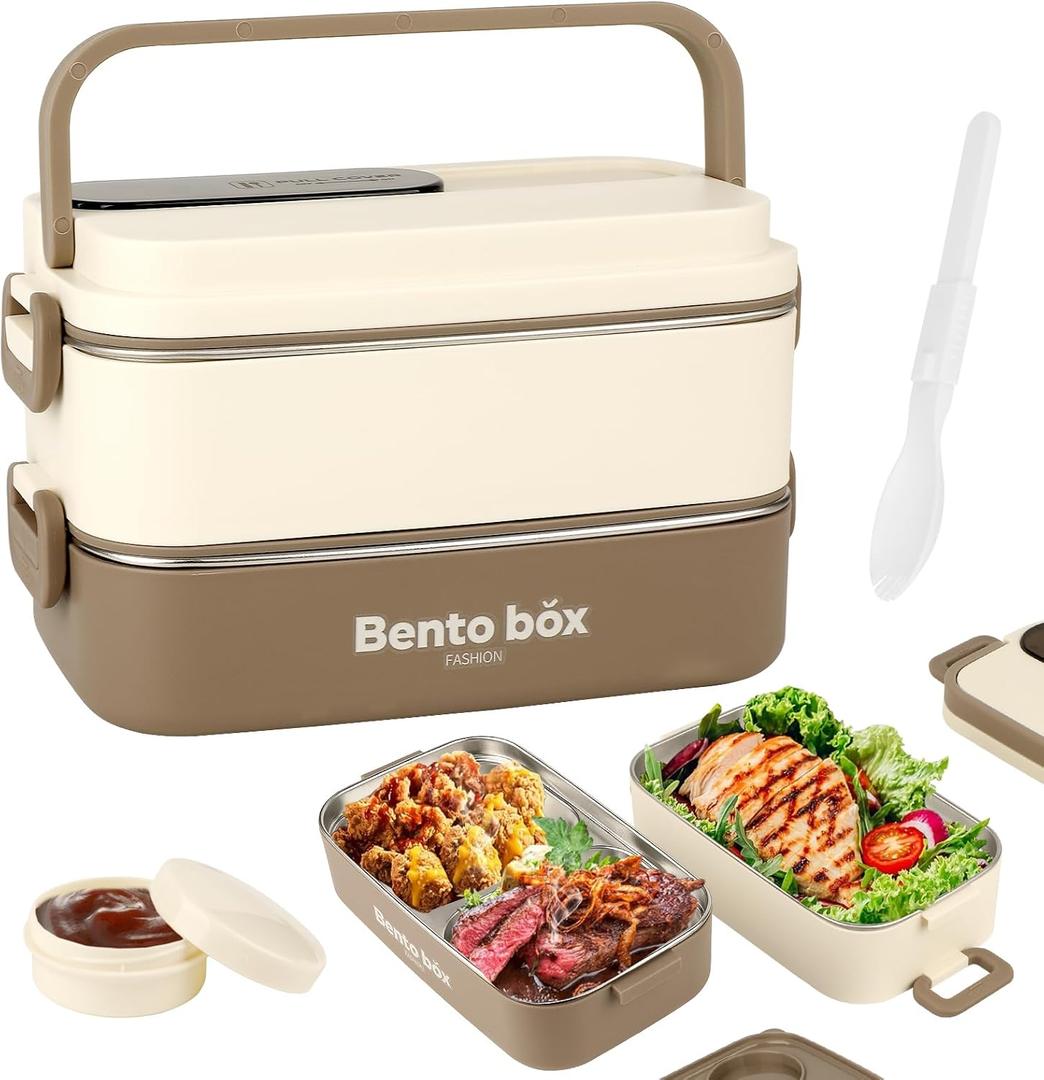Suteng Double-Layer Bento Box Adult All-in-One Design | 1.4L Stainless Steel Lunch Containers for Adults | Leakproof Microwave-Safe Food Container with Cutlery(Spoon) & Hidden Handle | Brown