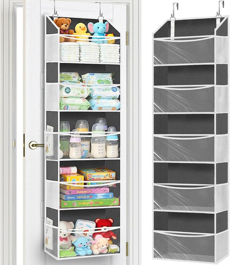 Ofiray-home Over Door Organizer with 5 Large Pockets, 5 Transparent Front Pockets & 10 Mesh Side Pockets, 50 lbs Weight Capacity Hanging Storage for Toys, Shoes, Diapers, Pantry  Grey (Clear)