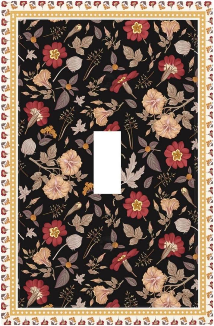 Decorative Light Switch Cover Plate Boho Vintage Floral Bohemian Flower Leaves 1 Gang Single Toggle Wall Plate Electrical Outlet Covers Decorate Switch Plate Cover for Bedroom Home Decor