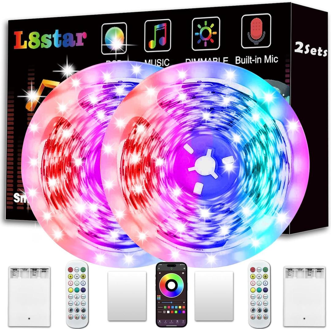 L8star Battery Powered Led Strip Lights, 2x16.4Ft (32.8Ft),Two Sets of Strip Light with 4 AA Battery Box/USB RGB LED Lights, Remote and APP Control