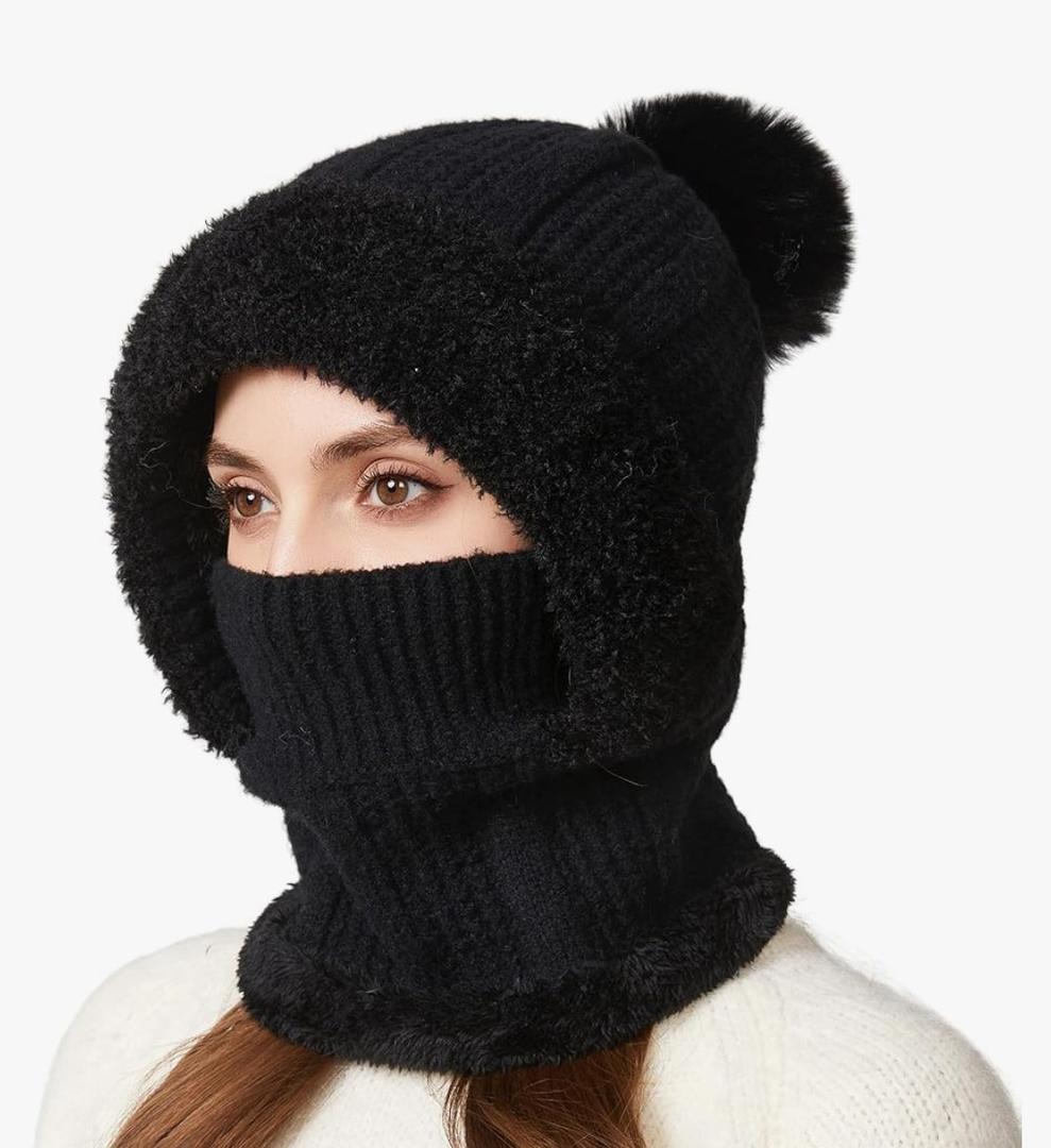 Women Winter One Piece Beanie Hat Slouchy Fleece Balaclavas Face Mask Neck Scarf Set Earmuff Ski Snow Knit Hats