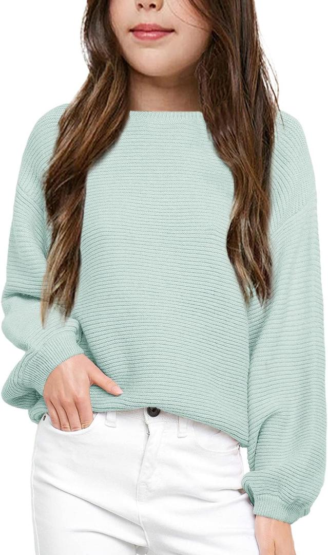 Girls Pullover Sweaters Kids Long Sleeve Drop Shoulder Sweaters Casual Boat Neck Knit Jumper Tops (7-8 Years, Mint Green)