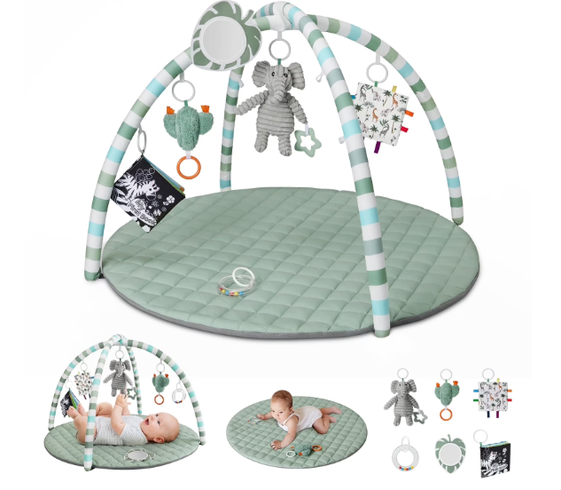 Blissful Diary Baby Play Gym Mat, Play Mat Activity Mat with 6 Detachable Toys for Stage-Based Sensory & Motor Skill Development, Easy to Install & Clean, Baby Essentials Gift, Sage Green