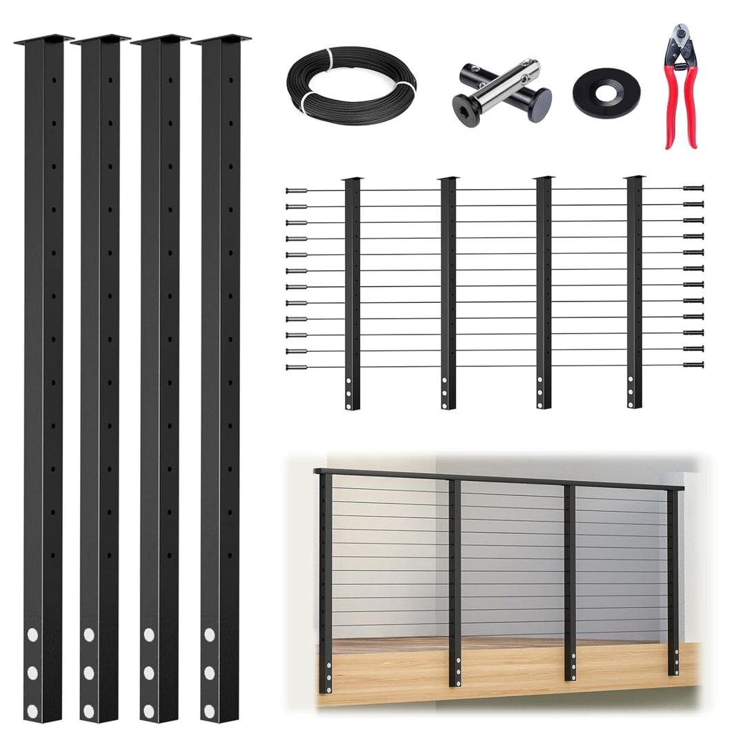 Muzata 15-20FT Modular Black Side Mount Cable Railing Kit 42 Inch 4 Level Post Kit Complete Set Cable Railing System for Decks Length Adjustable with Paper User Guide (No Handrail) RWF2 BH4L