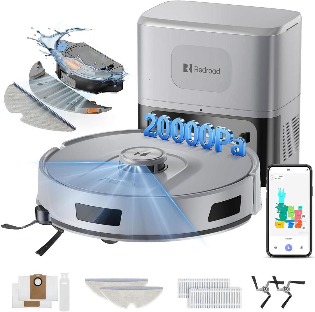 Redroad Robot Vacuum Cleaner 20,000Pa Robot Vacuum and Mop,90 Day Self Emptying Vacuum Robot,Lidar Navigation,5G/2.4GWiFi APP Aspirateur Robot,Self-Charging Robot Vacuums for Pet,Floor,Carpet R11Gray